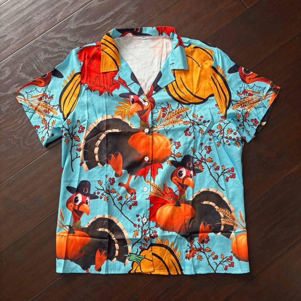 Funny Turkey Pilgrim Thanksgiving Button Down Hawaiian Style Shirt